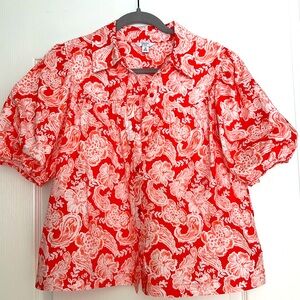 Size : M Crown & Ivy Tropical Print Magenta & Coral Puff Sleeved Button down top